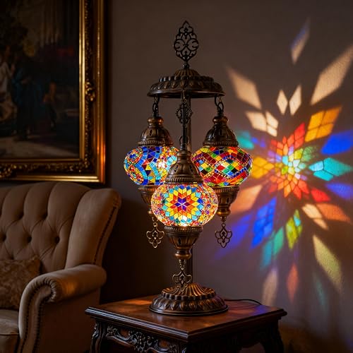 Mozaist Cappadocia Balloon Turkish Mosaic 3 Globe Table Lamp with E12 Bulbs, US Plug