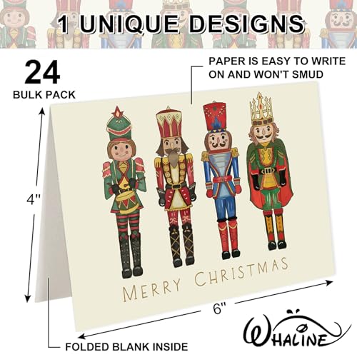 Whaline 24-Pack Christmas Greeting Cards with Envelopes & Stickers, Nutcracker Themed Note Cards 4 x 6