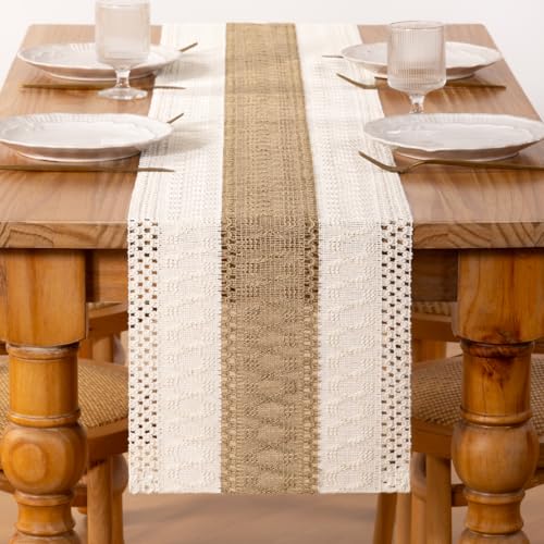 DeZerlor Ivory & Burlap Brown Farmhouse Table Runner 12x48 Inch Woven Dining Decor