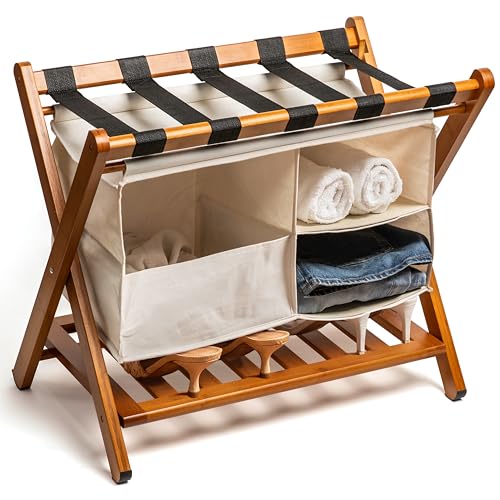 DomeNest Walnut Bamboo Folding Luggage Rack with Storage Shelf & Laundry Bag