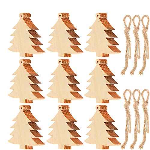 Tatuo 50 Pieces Wooden Christmas Tree Cutouts Embellishments Hanging Ornaments with Ropes for Christmas Decoration, Festival, Wedding, Craft