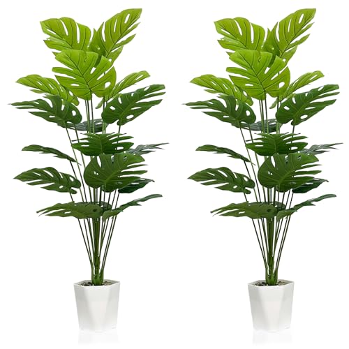 Artificial Monstera Deliciosa Plants Set of 2 - 43 Inch Faux Indoor Tropical Foliage with Pots