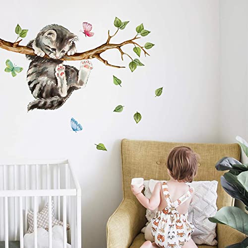 Yovkky Cat on Tree Branches Wall Decals Stickers, Kitty Animal Nursery Decor, Green Leaves Baby Kids Bedroom Home Decorations Art