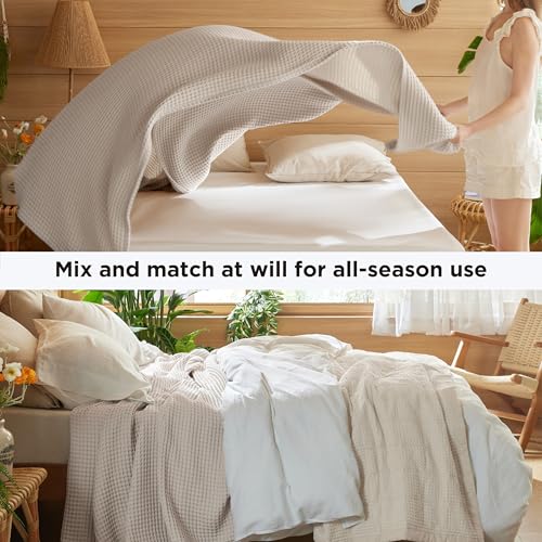 Bedsure 100% Cotton Waffle Blanket King Linen - Breathable All-Season Comfort