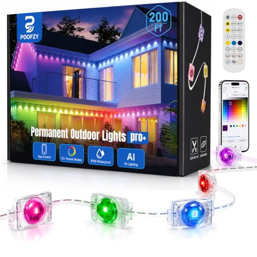 POOFZY 200FT RGBIC Outdoor Smart Lights for House, App & Voice Control Waterproof