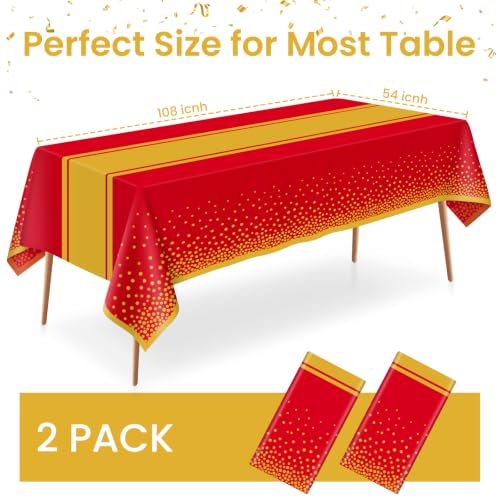 LIKAJON 2 Pack Red and Gold Waterproof Tablecloths 54x108 Inch for Parties