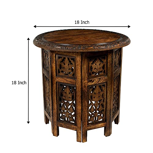 Antique Brown 18-inch Hand-Carved Wooden End Table | Folding Accent Side Table
