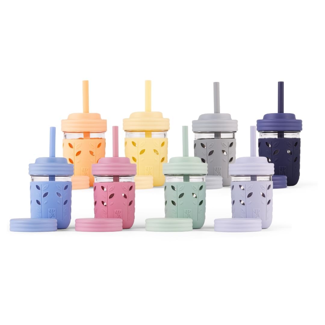 Elk and Friends Kids + Toddler Glass Cups | The Original 8oz Glass Mason Jar with Sleeves + Lids | Silicone Straws + Stopper | Smoothie Cup | Food Storage | Spill Resistant | Dishwasher Safe | 4 Pack