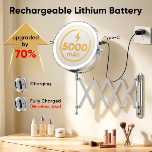 FASCINATE 8-inch Chrome Rechargeable Wall-Mounted Double-Sided Makeup Mirror with Magnification