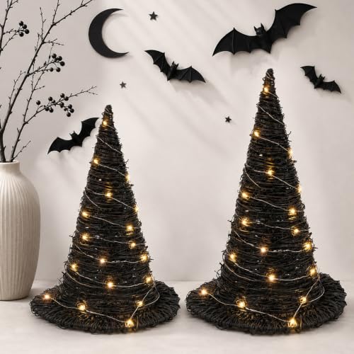 2Pcs Halloween Rattan Witch Hat Table Decor with String Lights - Party Centerpieces
