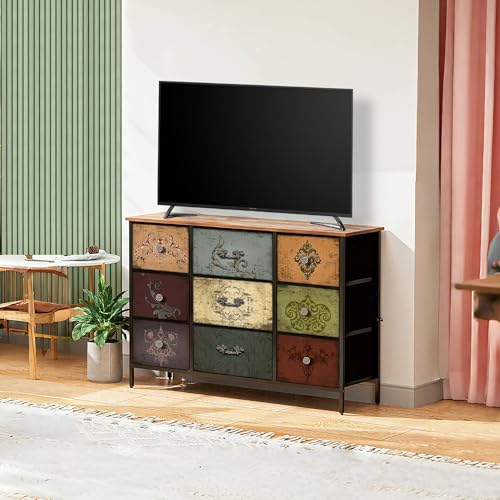 VASICAR Bedroom Dresser with 9 Deep Fabric Drawers - 11.8"D x 43.3"W x 29.9"H, Pattern Variation