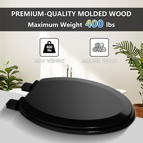Elongated Wooden Toilet Seat with Quiet-Close & Quick-Release Hinges - Black, 18.5"