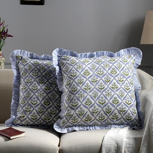 Light Steel Blue Block Print Ruffle Pillow Covers 18x18 Inch Set of 2 - Cotton Decorative Throw Pillows