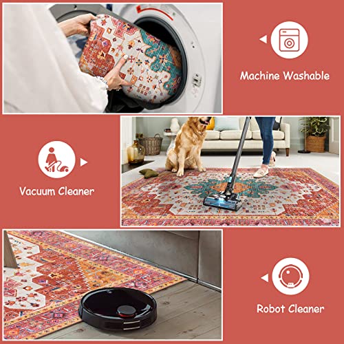 Ultra-Thin Washable Area Rug 5x7 Boho Vintage Medallion Floor Carpet Pink/Teal