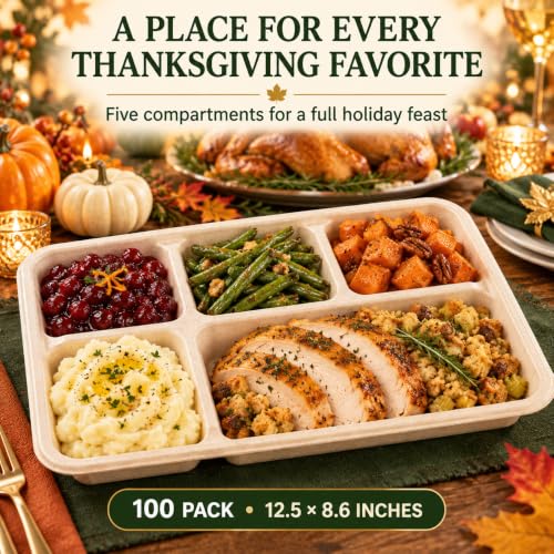 Tinybee 5-Compartment Compostable Plates - Natural, 12.5 x 8.6 Inches, 100 Pack