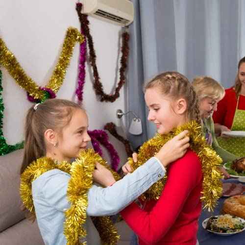 FINGOOO Gold Garland Christmas Decorations,33Ft/10M Thick Fluffy Christmas Tree Tinsel Garland Wedding Birthday Decor