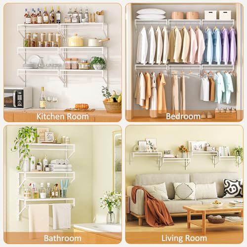 White Expandable Laundry Room Shelves with Hanging Rod - Wall Mounted Utility Storage