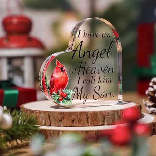 Karenhi 4 Inch Red Cardinal Christmas Gifts Memorial Bereavement Gift for Loss of Loved One Sympathy Decorations Loss of Mom Dad Son Husband in Heaven Glass Table Remembrance(4 Inch,Son)