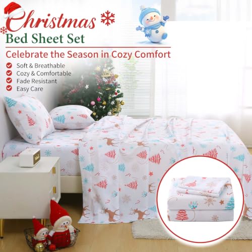 Kids Full Size Christmas Sheet Set White with Reindeer & Trees, Holiday Bedding
