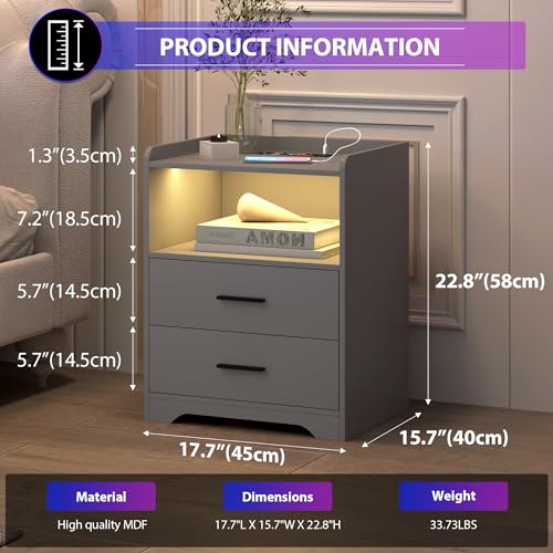 RGB Nightstand with Charging Station - Grey, 3 Layers, Smart Bedside Table