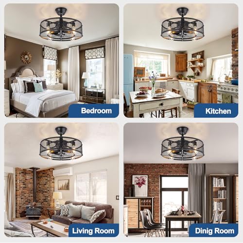 20-Inch Farmhouse Caged Ceiling Fan with Light and Remote Control - Black Rustic Style