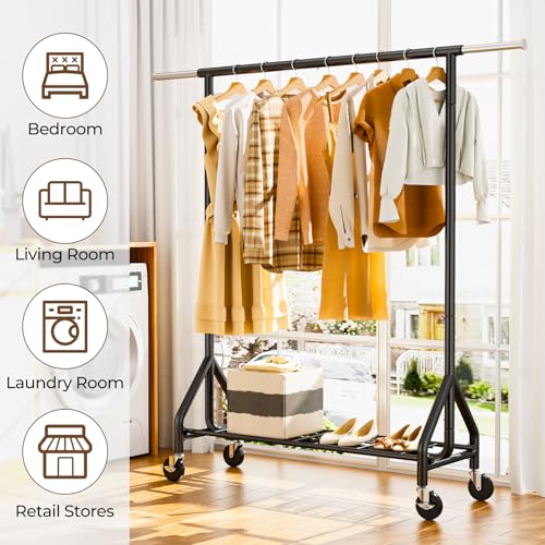 Heavy Duty Clothes Rack with Wheels - Black Garment Rack, 450 lbs Capacity, Portable Closet Organizer