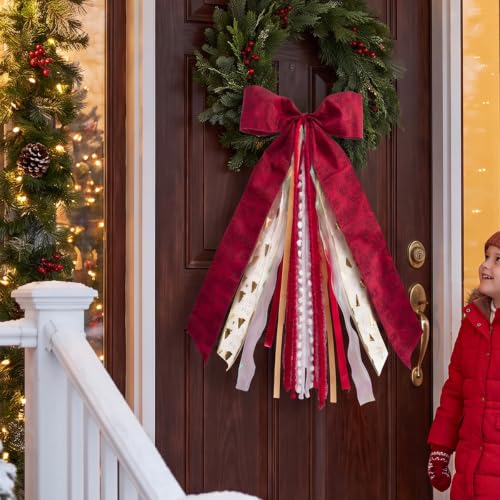 Christmas Red 3 Sash Bow for Wreaths and Decorations 12x25.6 inches - 8 Layers