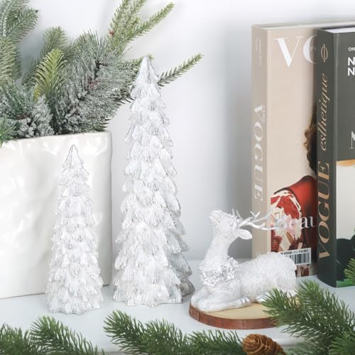 BINSUNS 3-Pack Christmas Tree & Reindeer Figurines Set in Silver - Resin Tabletop Decor