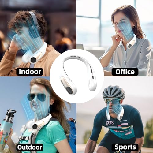 Namecute White Portable Neck Fan - 360° Bladeless Personal Wearable Cooler with LED Display, 4 Speeds, 6000mAh Rechargeable, Hands-Free Outdoor Indoor