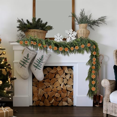 6FT Norfolk Pine Garland with 6.6FT Orange Slice Garland Set for Mantel - ComfyKit