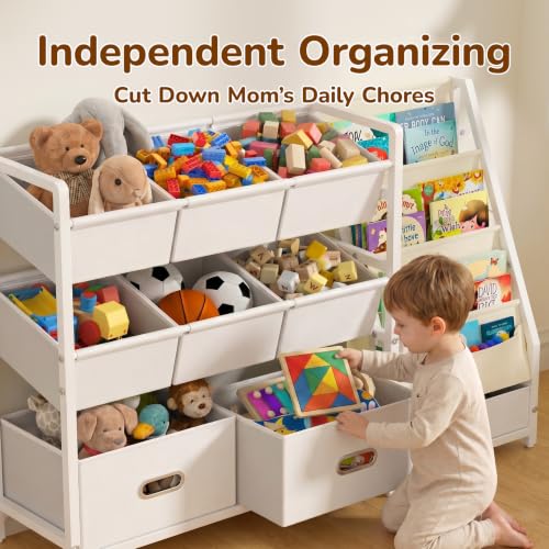 Kids Toy Storage Organizer with 9 Bins - Montessori Toddler Bookshelf & Playroom Storage