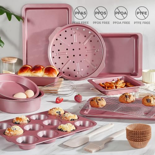 Pink Bakeware Set with 12 Nonstick Pans & Rack - Rose Pink