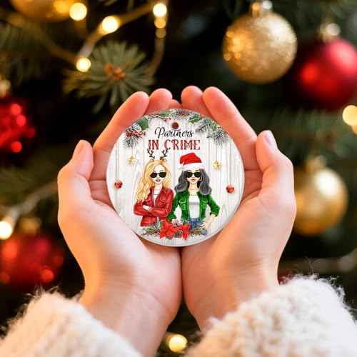 Friendship Christmas Ornament Gifts for Best Friends - Partners in Crime Funny Ornament for Xmas Tree Hanging Decorations - 2 Side Printed Ceramic Ornament