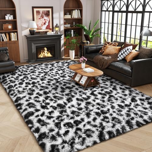 Amearea Fluffy Leopard Rug 6x9 ft White - Premium Cheetah Print, Non-Slip