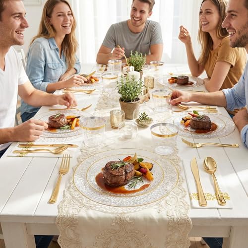 Clear Gold Hammered Plastic Plates Set - Disposable Dinnerware for Party, 350 Pcs