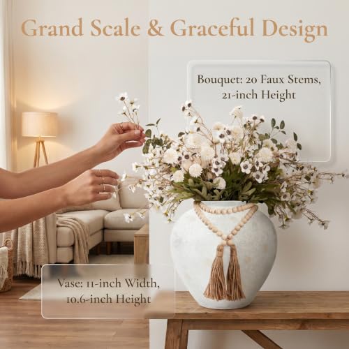 White Large Round Faux Silk Mum Flower Arrangement in Rustic Vase - 22 Pcs