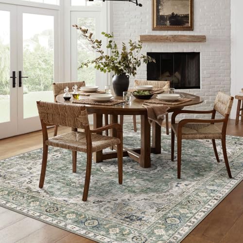 6x9 Sage Green Oriental Area Rug for Living Room & Bedroom - Distressed Pattern