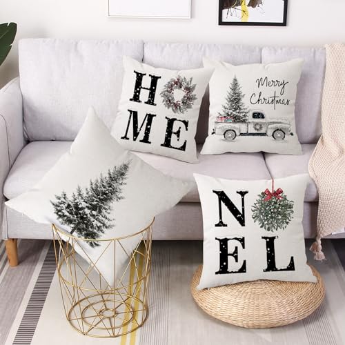 Coeufuedy Christmas Pillow Covers - 18x18 Inch Set of 4 Home Noel Truck Tree Holiday Cushion Covers Farmhouse Christmas Decoration for Sofa Couch Living Room