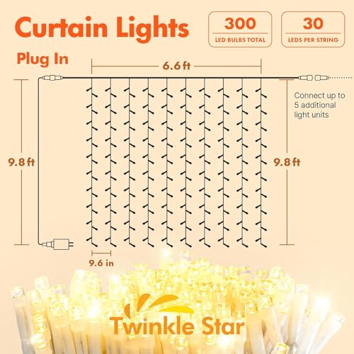 Warm White 300 LED Window Curtain String Lights - 2 Pack, Waterproof Indoor Outdoor Decor