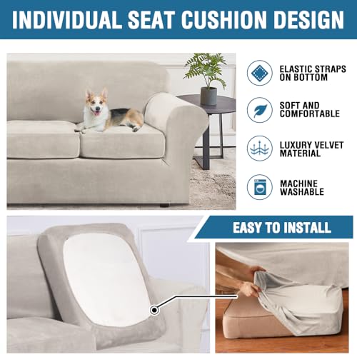 Velvet Sofa Slipcover 4 Piece for 3 Cushion Sofa Up to 90 Inch - French Oak