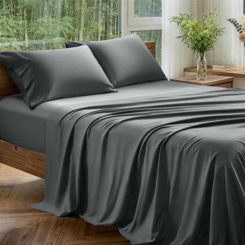 Queen Organic Bamboo Viscose Bed Sheets Set with Deep Side Pockets - Dark Grey, 16" Fit