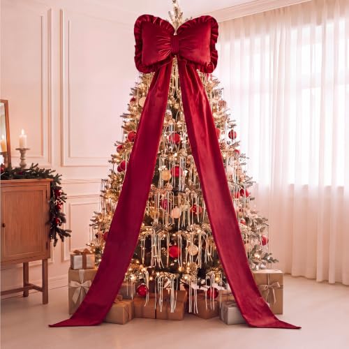 71x14'' Velvet Giant Pillow Christmas Tree Topper Bow, Burgundy Red