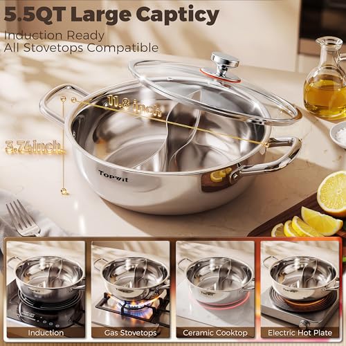 TopWit 5.5QT Double-Flavored Hot Pot with Divider - Induction Ready Kitchen Cookware