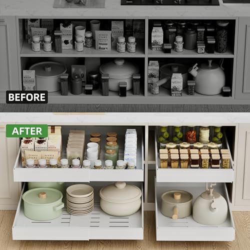 PAKETA 4 Pack Expandable Pull Out Cabinet Organizer 21" Deep, White, Adjustable Width 12-20"