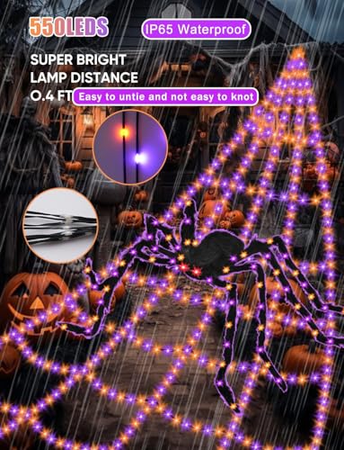 Spider Webs Halloween Decorations Lights - 550 LEDs Outdoor Giant
