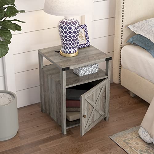 HOSEOKA Rustic Grey Farmhouse Nightstand with Charging Station, End Table