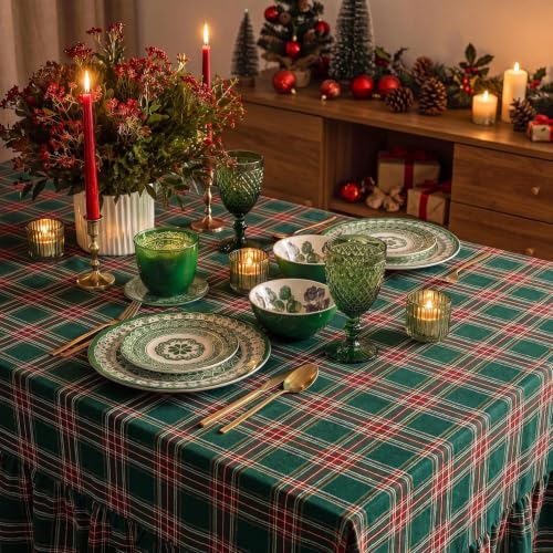 Softalker Green Plaid Ruffle Tablecloth 60 x 84 inches, Rectangular Holiday Linen