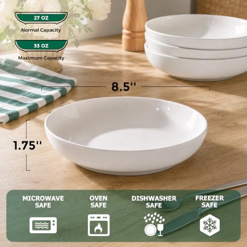 White Pasta Bowls Set of 6 - 30 oz High-Fired Porcelain Salad & Soup Bowls