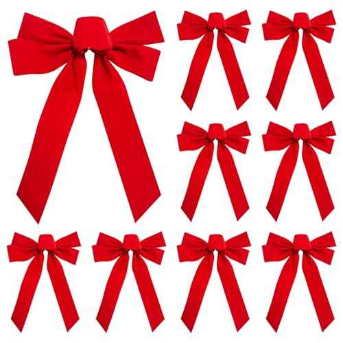 10 Pack Red Christmas Bows for Wreath Decorations, 9 x 13 Inches Large Velvet Bows Ribbons Bulk for Tree Topper Gifts Xmas Ornament Indoor and Outdoor Decor