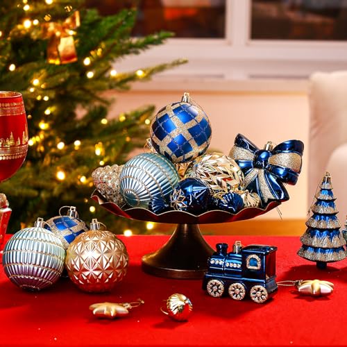 82pc Shatterproof Christmas Ball Ornaments Set in Blue & Gold with Hanging Strings